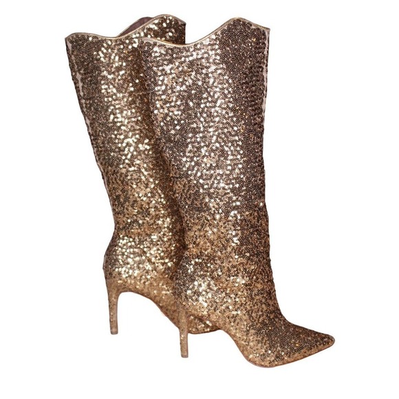 Free People X Vicenza After Midnight Gold Sequin Boots High Heel Size 6 - Picture 3 of 6